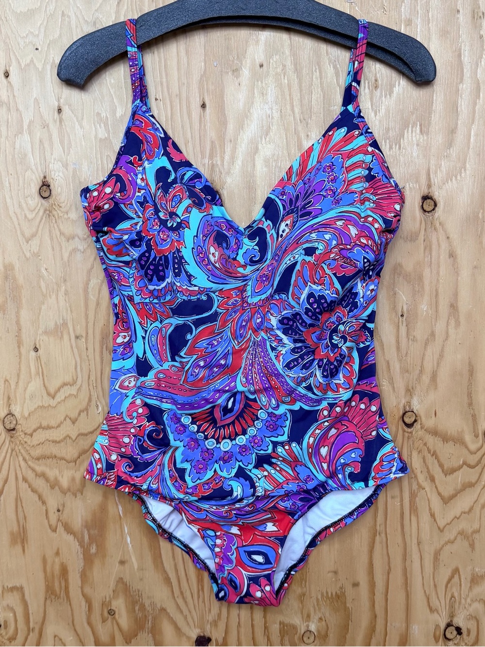 Swim Solutions Paisley Tummy Control V-Neck One-Piece Swimsuit Size 12
